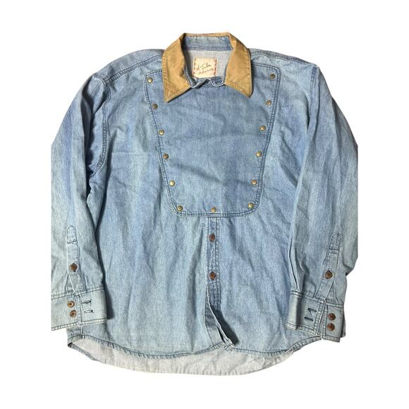 M. Julian Adventures BIB Front Denim button front shirt leather collar mens L - Picture 1 of 4
